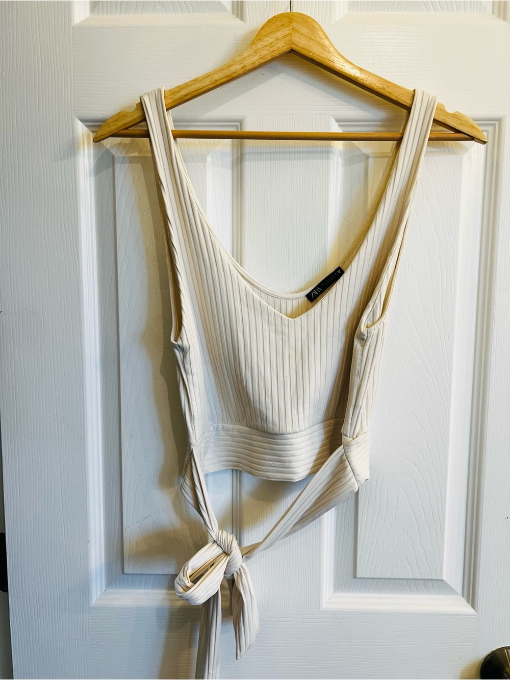 Zara Cream Ribbed V-Neck Tank with Tie-Back